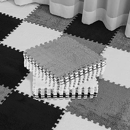 Amylove 18 Pcs Plush Foam Floor Mat Square Interlocking Carpet Tiles with Border Fluffy Play Mat Floor Tiles Soft Climbing Area Rugs for Home Playroom, 12 x 12 x 0.4 in (Black, White, Gray)