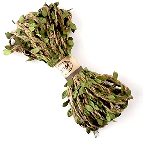 PAITOK Ruban de feuilles de vigne artificielles, 10 mètres de ficelle de jute naturelle avec feuilles vertes, décoration de faux feuillage, plante pour décoration de jardin, emballage cadeau