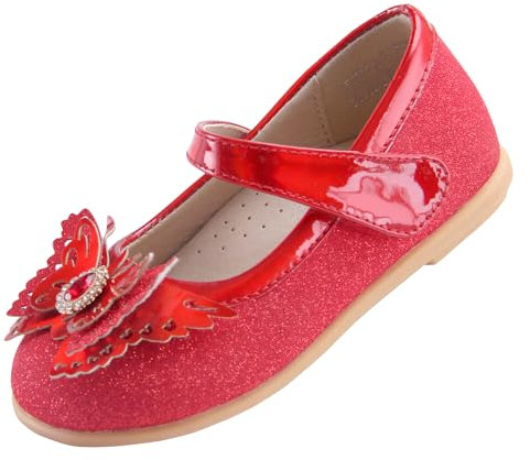 EIGHT KM Toddler Girls Dress Shoes Mary Jane Princess Wedding Ballet Flats Shoes EKM7063 Sparkly Glitter Butterfly Minerva Red UK Size 11