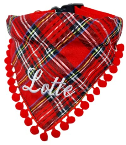 Hundehalstuch mit Bommel und Halsband Verstellbar optional mit Wunsch Namen bestickt Schotten Karo Halstuch Tuch