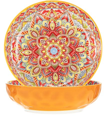 Boho Large Serving Bowls, 10.2 Inch Fruit Salad Bowls, Decorative Serving Dishes for Entertaining, 80 OZ Pasta Bowls Set of 2, Vibrant Colorful Soup Bowls for Party, Home Decor, Bohemian Style Gift