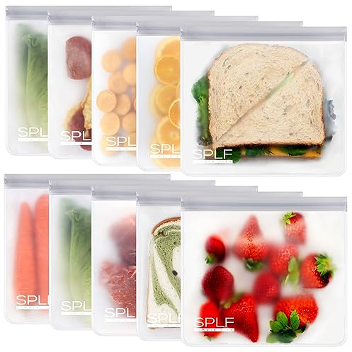 SPLF 10 Pack Reusable Sandwich Bags Dishwasher Safe, Reusable Quart Freezer Bags, Extra Thick Leakproof Food Storage Bags Silicone and Plastic Free for Marinate Meats, Cereal, Lunch, Travel Items Gray