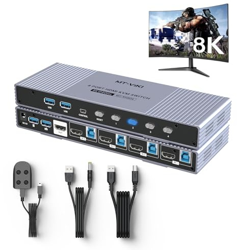 MT-VIKI 8K@60Hz USB 3.0 HDMI KVM Switch 4 Port, Aluminum 4 in 1 out KVM Switch HDMI 2.1,HDCP 2.3, Dolby, 3D HDR with Wired Controller + USB Cables