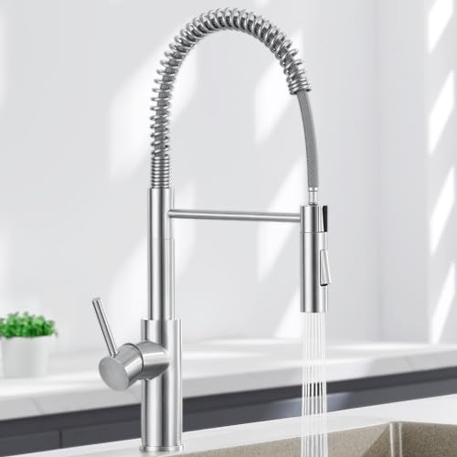 CECIPA Hochdruck Küchenarmatur mit Brause Herunterziehen, Wasserhahn Küche Ausziehbar mit 2 Wasserstrahlarten, Bogen Spiralfeder Armatur Küche 360° Drehbar, Einhebel Mischbatterie Küche Edelstahl