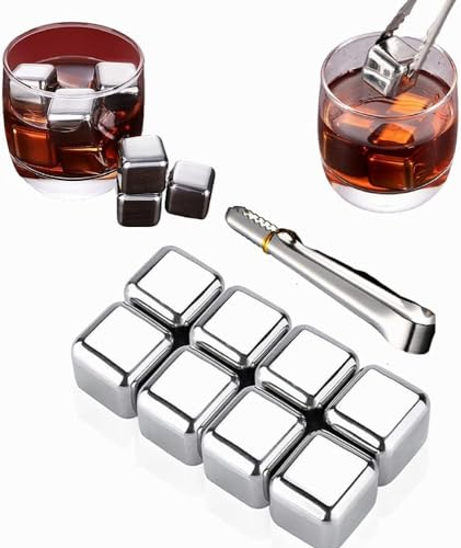 8 cubetti di ghiaccio riutilizzabili per Whisky + clip in acciaio inox 304 - Vassoio portaoggetti per congelatore, scozzese, bourbon, vino rosso e vodka