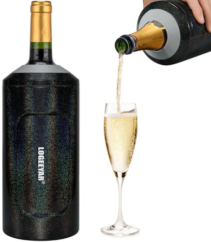 Enfriador de Vino con Tapa 750 ml, Acero Inoxidable Enfriador de Champán Portátil, Enfriador de Botellas de Vino y Champán, Aislado al Vacío, Regalos para Amantes del Vino (Negro Brillante)