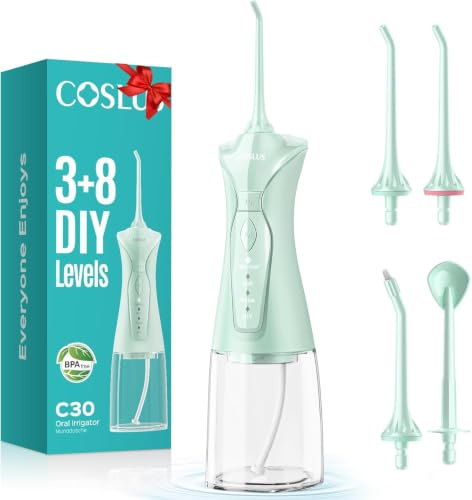 COSLUS Water Teeth Flosser Picks: 4 Modes Cordless Irrigator 300ML Portable Electric Flossing Machinerie for Teeth Cleaning Rechargeable Waterproof Tooth Pick Set Cleaner for Travel Home C30(FC5360) | 300ML Larger Tank, 4 Modes for Family Gentle & Precision Oral Care, Rechargeable Cordless for Home Travel Use,Bright Green