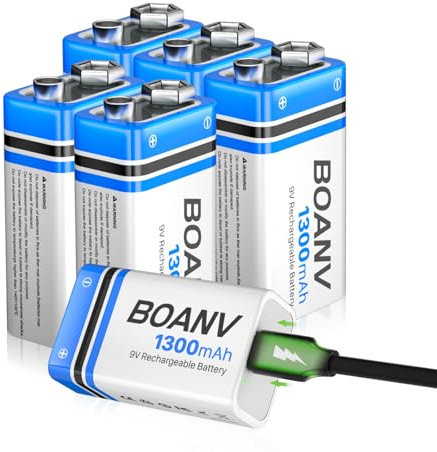 6PCS Piles 9V Rechargeables 1300mAh, 9V Rechargeable USB Lithium à Longue Duréé Batterie, avec câble de Charge 2 en 1, pour détecteurs de fumée, alarmes, Clavier, Microphone