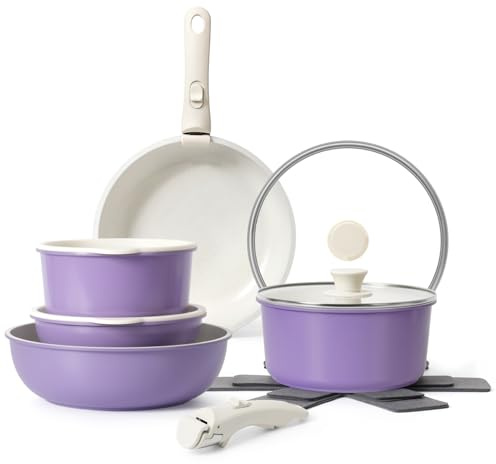 SODAY 15Pcs Pots and Pans Set Non Stick, Cookware Sets with Detachable Handle, Nonstick RV Kitchen Cooking Tools Removable Handles, Oven Safe, Induction Fast, Stackable Induction Cookware, Purple