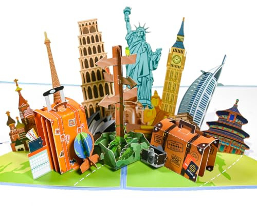 CNLITIHEKA Reise Pop Up Karte, Pop Up Karte für Reiseliebhaber, Urlaubsreisegutschein, 3D Ruhestandskarte, Geburtstagsgrußkarte für Reiseliebhaber.