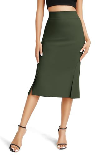 Urban CoCo Women's Stretch Office Fishtail Pencil Skirt High Waist Bodycon Midi Skirt with Slit (Army Green,S)