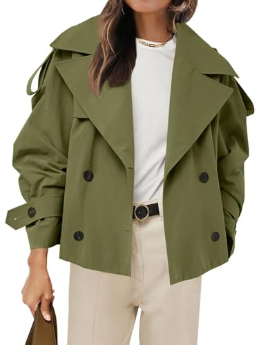Tankaneo Womens Cropped Trench Coat Casual Double Breasted Short Jacket Fall Fashion Outerwear with Belt, Army Green, Small