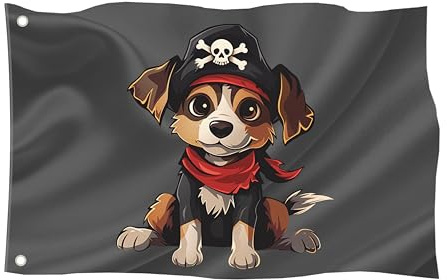 Piratenflagge in verschiedenen Größen/Wetterfest mit Ösen/Outdoor und Indoor/Fahne für Fahnenmast /100% Polyester (Piratenhund 1, L)
