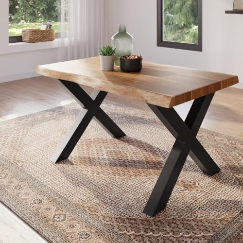 trelevo Esszimmertisch 140x80 cm Akazie naturfarben X-Gestell Baumkante | Akazienholz massiv, Tischplatte, schwarz, Baumkantentisch