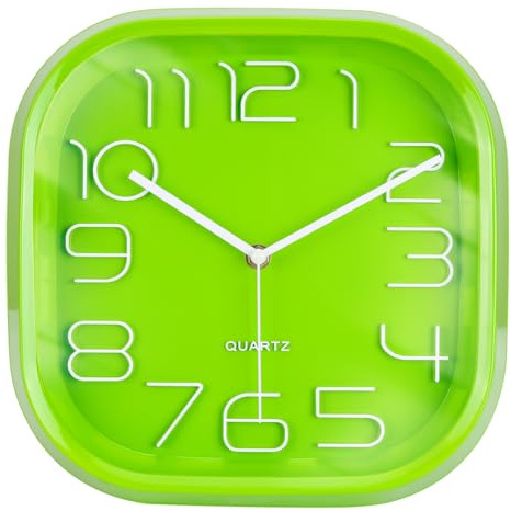 Topkey 11 Inch Cool Square Silent Non-Ticking Quartz Wall Clock, Modern Plastic Clock with White Numerals for Kitchen, Bedroom, Office, School Decor-Green