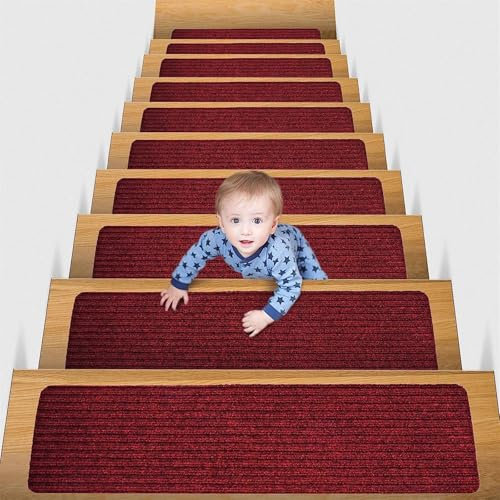 champracer Treppenstufen Matten, selbsthaftende Stufenmatten, Anti Rutsch Treppenteppich Teppiche, 76x20 cm Rechteckig Teppich Waschbar für Treppenschutz (5 Stück,Dunkelrot)