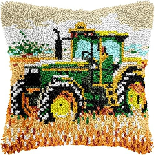 WallustrioaW Farm Landscape Latch Hook Kit Cushion for Adults,Tractor,DIY Craft Latch Hook Rug Kits Embroidery Latch Hook Pillow Cover Kit for Christmas/Gifts,17x17inch