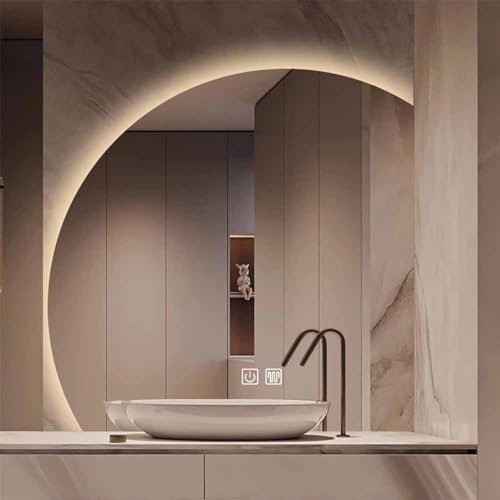 Generisch Specchio da trucco a LED a mezzaluna, 90 x 90 cm, con interruttore touch e illuminazione regolabile, antiappannamento, per soggiorno, specchio decorativo per strutture moderne