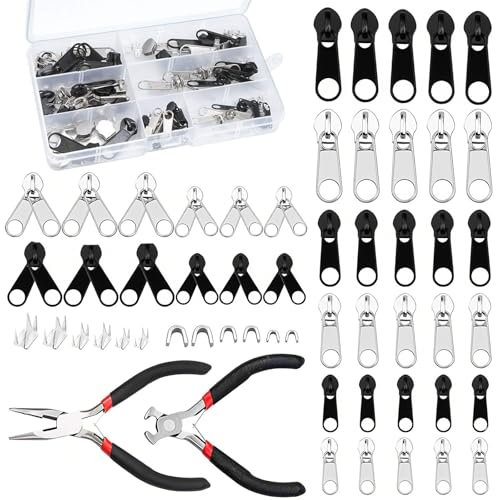 Jortmrd 171 Stück Reißverschluss Reparatur Set Reissverschluss Reparatur Set Reißverschluss Zipper Ersatz Reisverschluss-reparaturset mit Zangen für Jacke Zelt Schieber Reparieren (3 Größen:3/5/8)