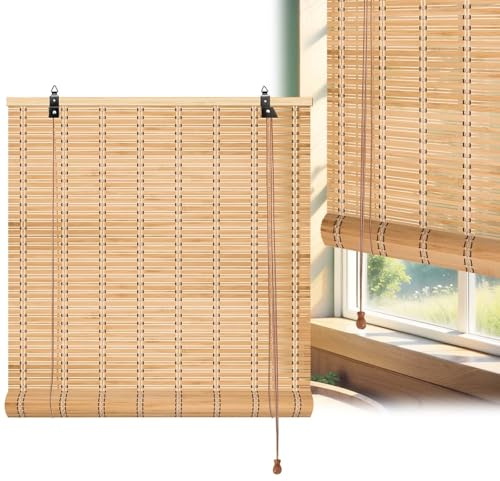 Enarviflare Natural Bamboo Blinds for Windows Sun Protection Bamboo Roller Blinds with Lift 45-175cm Bamboo Roll up Curtain for Privacy Protection Easy to Install For Kitchen Balcony Bedrooms Gazebos