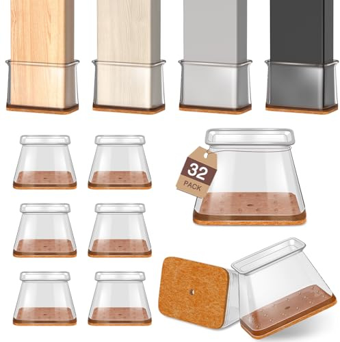 32 Pcs Chair Leg Floors Protectors Furniture Pads Floor Protectors for Hardwood Floors Large Chair Sliders Silicone Covers with Stronger Felt Pads Rectangle Small Fit：L 28-38mm,W 19-25mm