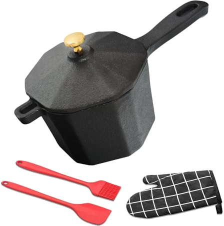 UKENEM Cast Iron Sauce Pan with Lid, Small Cast Iron Basting Pot with Silicone Basting Brush, Spatula & Heat-Resistant Gloves, Mini Butter Melting Pot for BBQ Sauce, Braising, Stir-Fry & Casserole