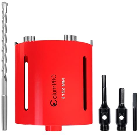 ColumPRO 152mm x 150mm Long Diamond Core Drill Bit Set with Hex Shank Adapter, SDS Adapter, Centre Drill Bit & Quick-Release Pin, Ideal for Masonry, Concrete & Other Brick, Choice of Construction Site