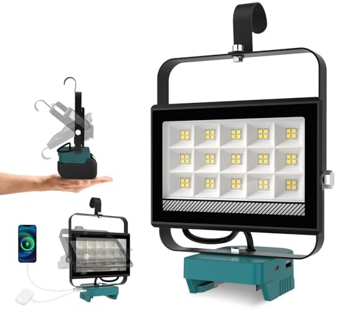 ILIKEPOW Battery Lamp Compatible with Makita 18 V, 60 W 4500 LM LED Work Light, Wireless Spotlight Lamp with 2 USB Charging and 140° Swivel Head for Construction Site, Garage, Camping, Emergency
