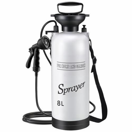 Douche de pulvérisateur de pression portable, douche camping en plein air 8L, pompe à pression à main avec 10 modes tête pulvérisateur et tuyau 9, 84 pieds pour la randonnée, les voyages, le