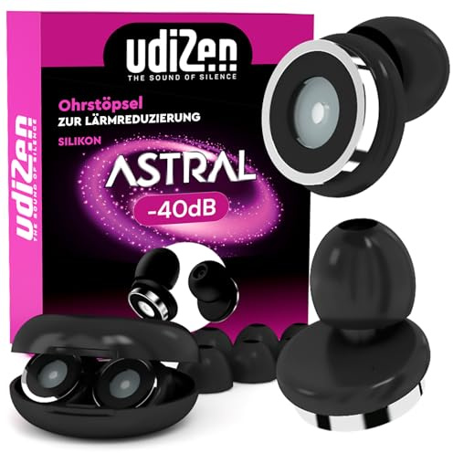 Ohrstöpsel mit Geräuschreduzierung für Reisen Schlafen Lernen UdiZen -40dB Astral - 1 Paar ergonomische wiederverwendbare Ohrstöpsel Geräuschunterdrückung SNR 40dB Farbe Schwarz mit Hartschalenkoffer