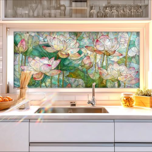 HOMETITUTE Window Film Lotus Flower Design PVC Privacy Window Film for Glass Panels 39.3x17.7 Inches Living Room Bathroom Stained Glass Windows Film Static Cling Decorative Window Cling Reusable
