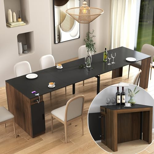 KEIKI 23.62”-118”L Extendable Foldable Dining Room Table with Storage Cabinet & Outlet, 1-10 People Wood Modern Rectangle Expandable Furniture for Kitchen Living Meeting Room, 6 Length Options