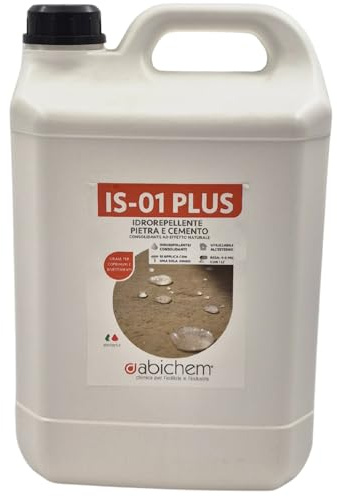 ABICHEM IS‑01 PLUS – Idrorepellente Consolidante Naturale per Pietra e Cemento – Effetto Goccia, Previene Sporco, Efflorescenze e Risalita dei Sali – Protettivo Trasparente Esterno (5 Litri)