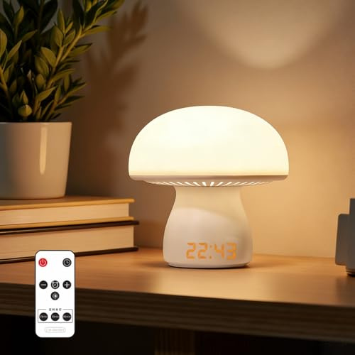 MeYuxg Pilzlampen Tischlampe Touch Dimmbar, Pilz Nachttischlampe mit Uhr und Timing Funktion, 3600mAh Led Nachttischlampe Ohne Kabel, für Deko Schlafzimmer Wohnzimmer Büro (Pilz)