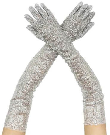 Generisch Guanti lunghi con paillettes e brillantini, eleganti da donna, per carnevale, accessori da sera, in raso, brillanti, per feste e rave, argento, Taglia unica