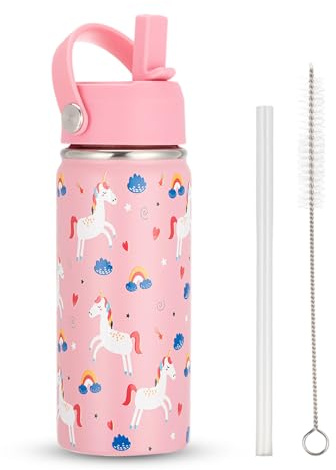 16oz/480ml Unicorn Kids Water Bottle, Stainless Steel Girls Pink Water Bottle with Straw, BPA Free Pony Metal Drink Flask Leakproof Insulated Toddler Water Bottles for School Travel