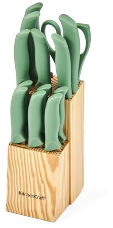KitchenCraft 14 Piece Knife Block Set, 7 Multi-Purpose Knives, 6 Steak Knives & Kitchen Scissors in Wooden Block, Green Handles, Complete Kitchen Prep Set for Cooking and Meal Prep