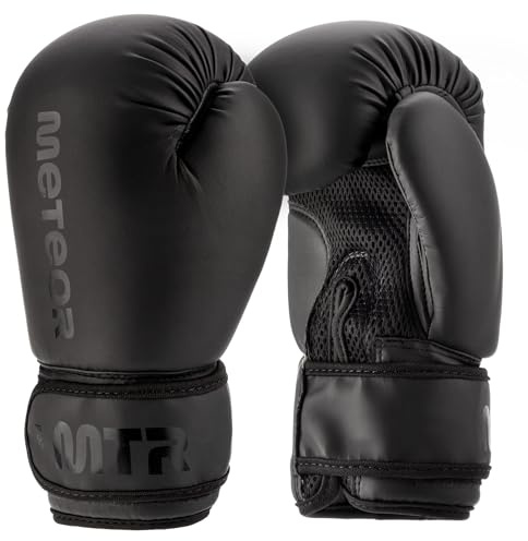 Boxhandskar för träning Meteor svart 4–12 oz för boxning med PU-läder handledsstöd stötdämpning ventilation och kardborre