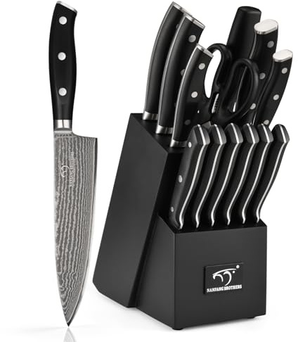 NANFANG BROTHERS 14-Piece Black Damascus Knife Set with Block