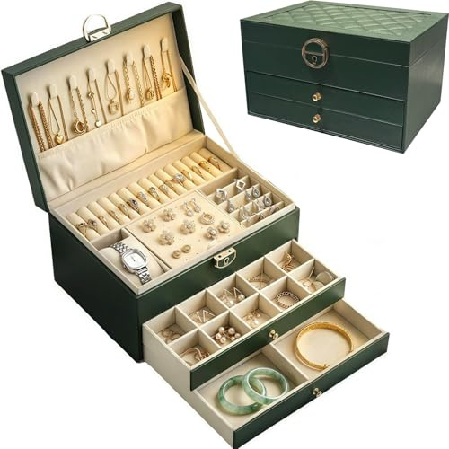 TempFoo Jewellery Box, Earrings Storage Organiser, Necklace Bracelet Boxes | Travel for Women Rings Case, 3 Layers 2 Drawers Stackable Layered Trinket Tray, Watch Trinket Dressing Table Gift Boxes