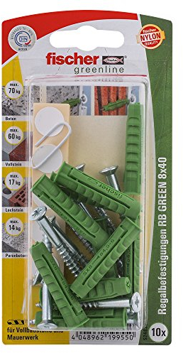 fischer 524831 Regalbefestigung RB 8x40 K, Inhalt Spreizdübel SX Green 8 x 40, Schraube 5 x 50, je 10 x Aufkleber schwarz, weiß, braun, grau