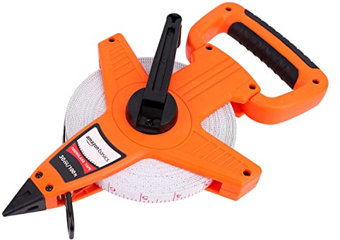 Amazon Basics Open Reel Fiberglass Tape Measure, 100 ft, 30.5 m Scale, Impact Resistant Shell, Orange