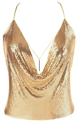 Top sexy da donna con scollo a V scintillante e profondo scollo a V, canotte con catena per il corpo, Oro, M