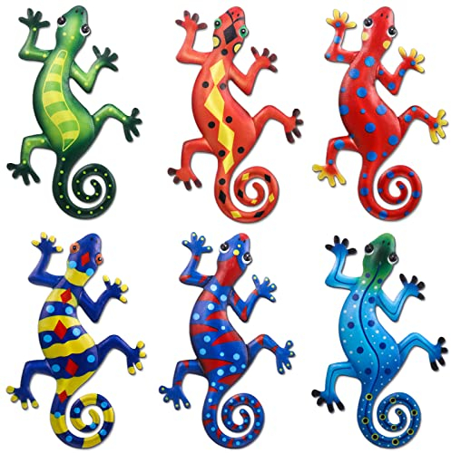 6 Stücke Metall Gecko Wandkunst Dekoration 9 Zoll Eidechse Kunst Wand Inspirierende Skulptur Terrasse Rasen Zaun Dekoration Hängend Indoor Outdoor für Zuhause Schlafzimmer Büro Garten