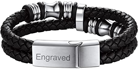 Custom4U Armband Herren Männer Lederarmband Wickelarmband mit Gravur Geflochtenes Armband mit Magnet Verschkuss aus Edelstahl in Silber&Schwarz Herren Männer Schmuck in Verschiedene Längen