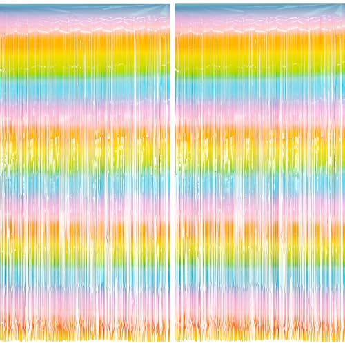 2 Stück Lametta Vorhang Regenbogen Party Deko - BRAVESHINE 1x 2.5 m Metallisch Folie Fransen Vorhang Bunte Party Lametta Hintergrund für Weihnachten Geburtstag Abschlussball Urlaub Deko