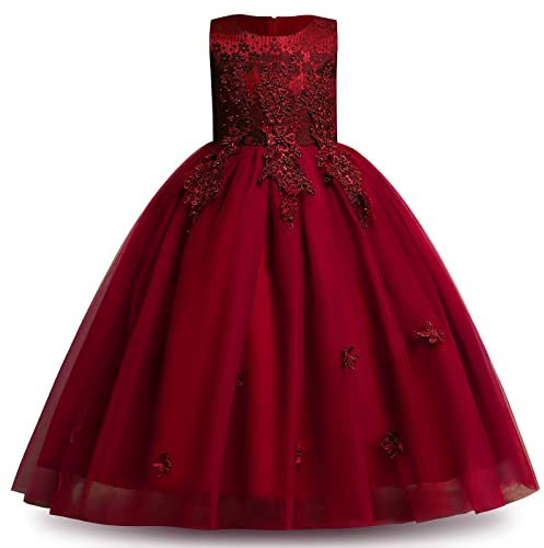 Flower Girls Dress Floral Embroidered Lace Sleeveless Tulle Wedding Bridesmaid Birthday Formal Party Long Tutu Kids Princess Pageant First Communion Evening Prom Ball Gown Burgundy 11-12 Years