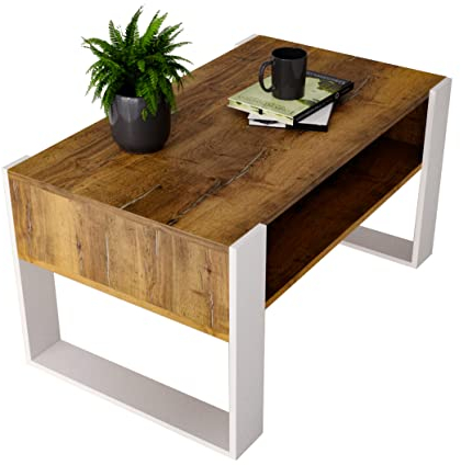 Couchtisch KARO 92 rechteckiger Kaffeetisch aus Holz Modern Teetisch 92 x 53,6 x 45cm massiv und stabil (Halifax Eiche/Weiss)