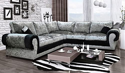 Black/silver crushed velvet corner couch - with free cushion - modern corner sofa settee - corner sofa for living room - (black/silver corner set)