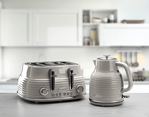 Daewoo Sienna Kettle and Toaster Set, 1.7L 3KW Rapid Boil Kettle & 4 Slice Wide Slot Toaster, Defrost, Reheat, Browning Control, Stylish Taupe Breakfast Bundle